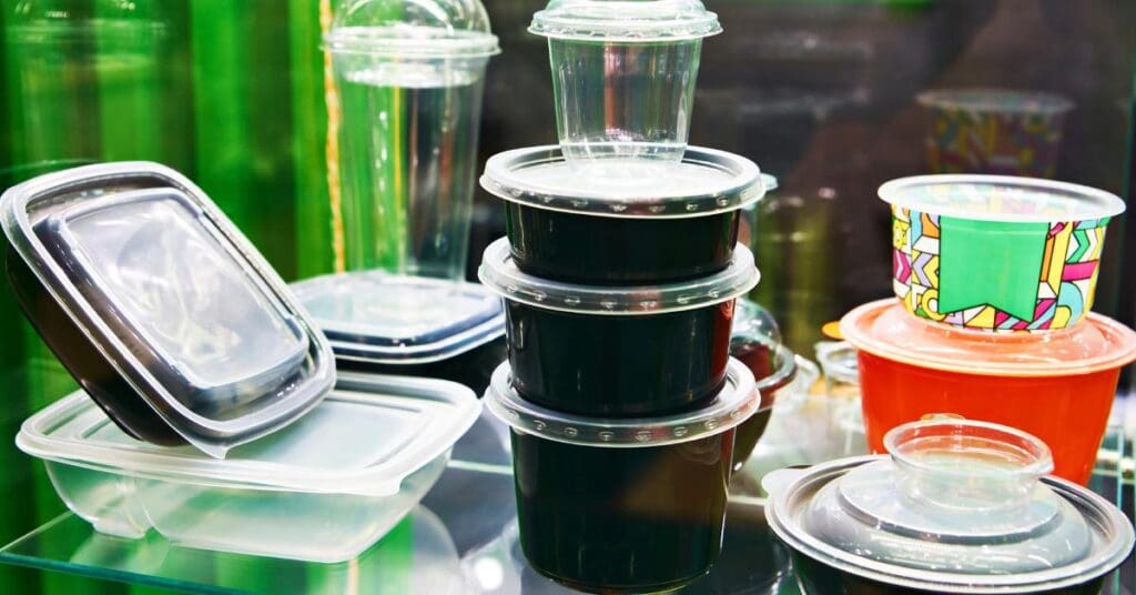 A close-up of multiple versions of polypropylene plastic food containers on display in a product showcase window.