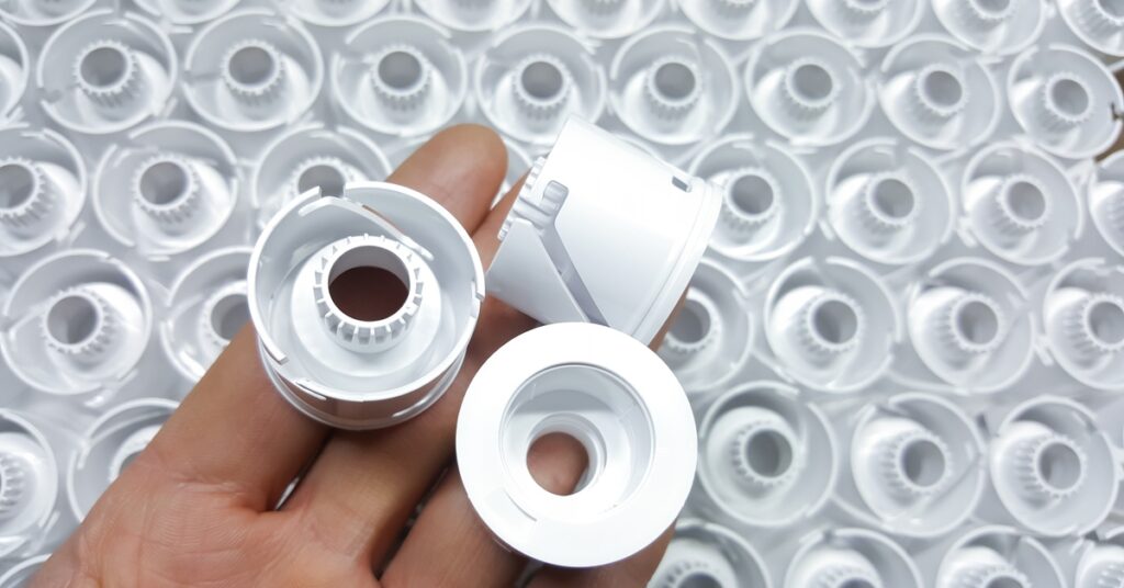 Inside a screw lock bottle cap, designed to cover sections of plastic cosmetic containers, manufactured via injection molding.