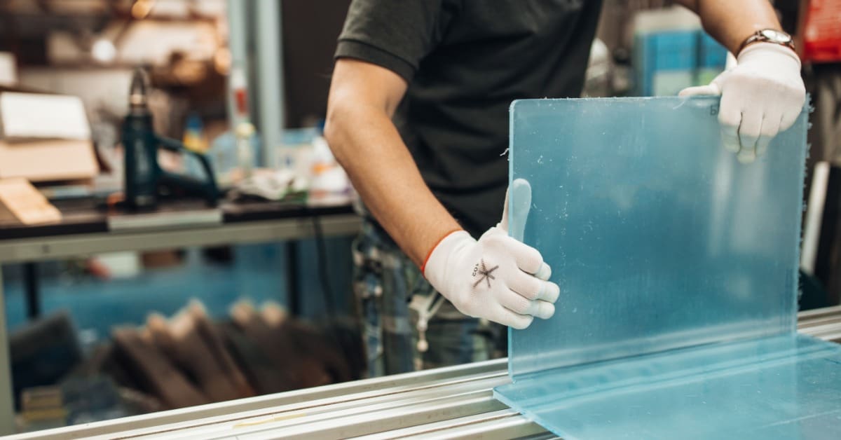 Person wearing gloves aligns blue plastic panel on industrial workbench, with equipment and blurred workshop background.